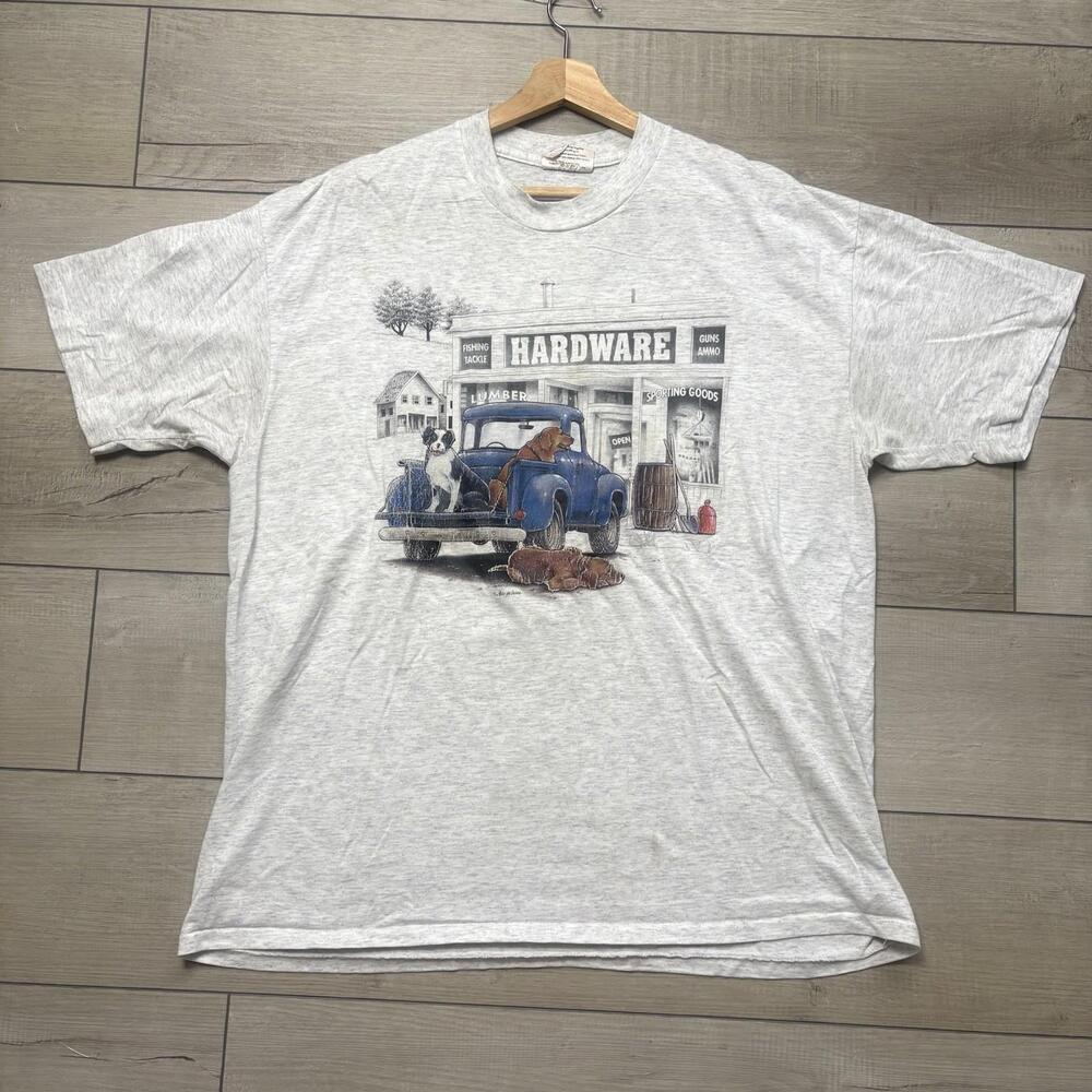 Vintage Hardware Store Dog T-Shirt XL E.D. Designs USA Made Country Graphic 90s